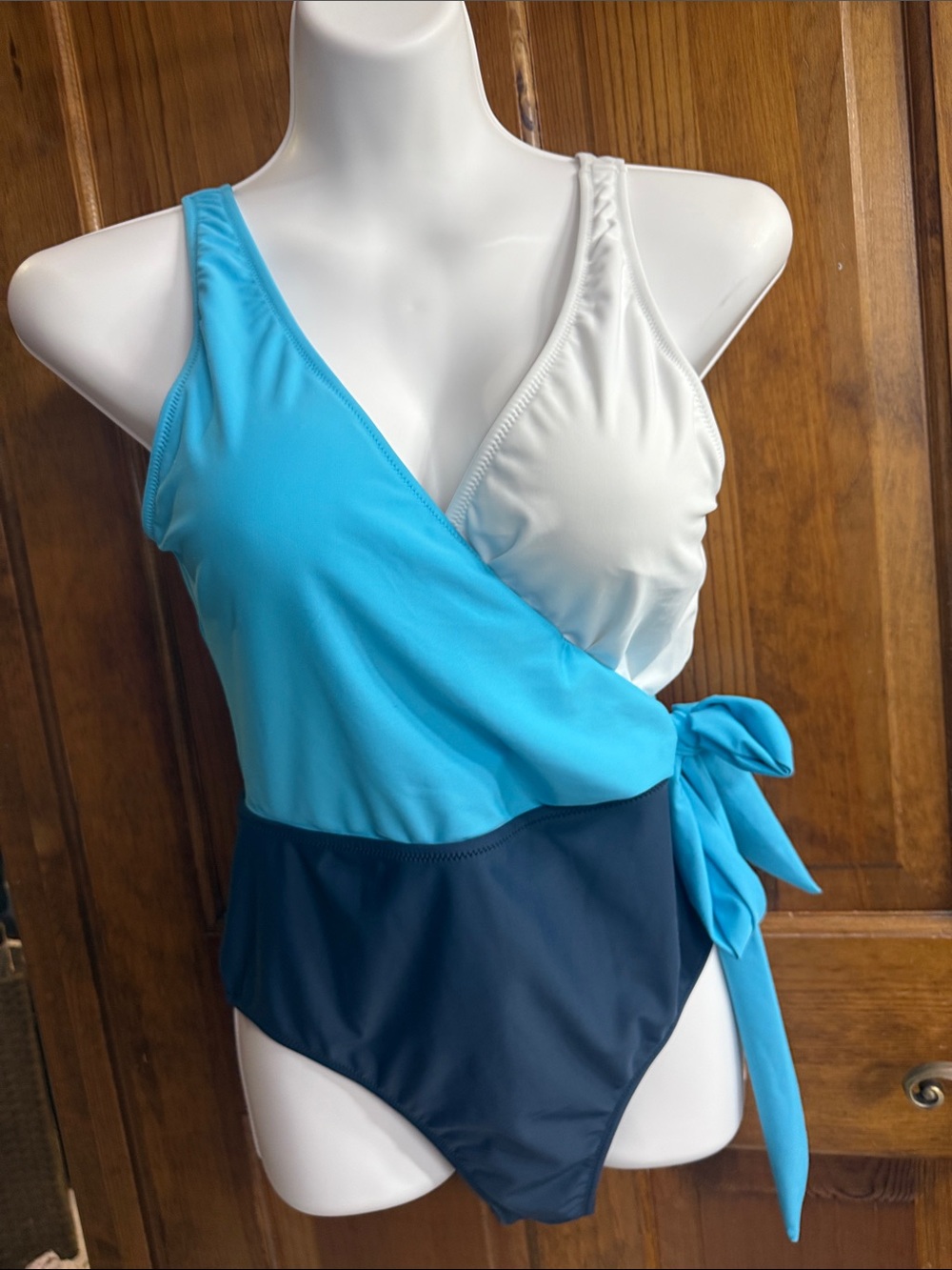 Cupshe Colorblock Wrap One-Piece Swimsuit - Light Blue, Navy & White